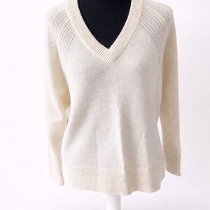 Global Works Cream V-Neck Knit Sweater NWOT | Textured Shoulder Detail